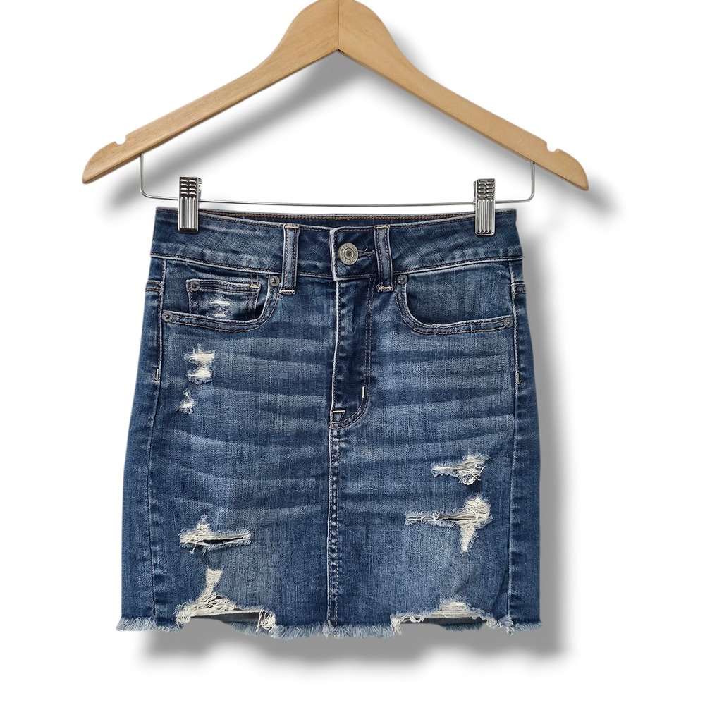 American Eagle Denim Skirt 00 Blue Jean Hi-Rise Mini Super Stretch‎ Distressed